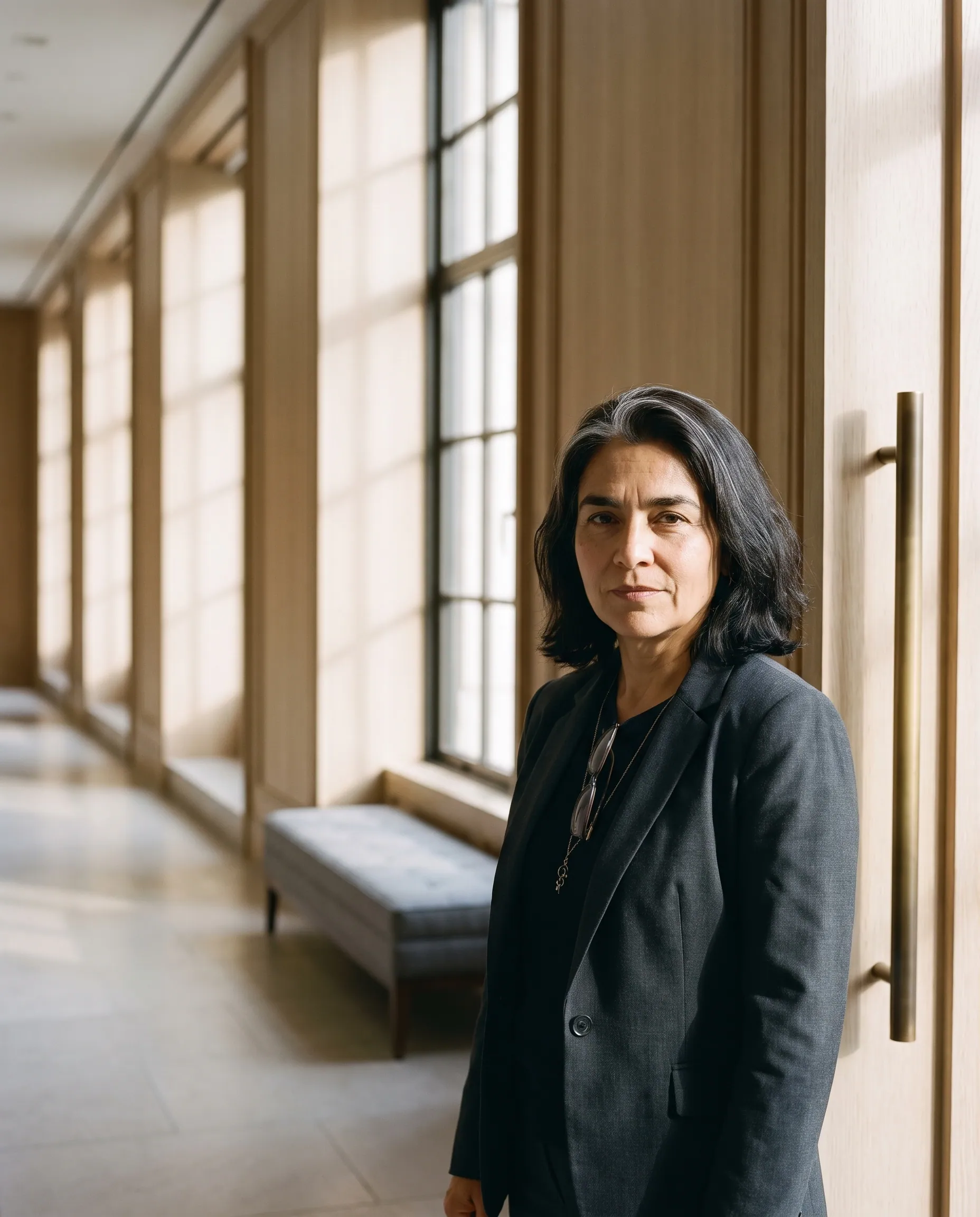 An HR director standing in a sunlit office hallway, looking straight at the camera