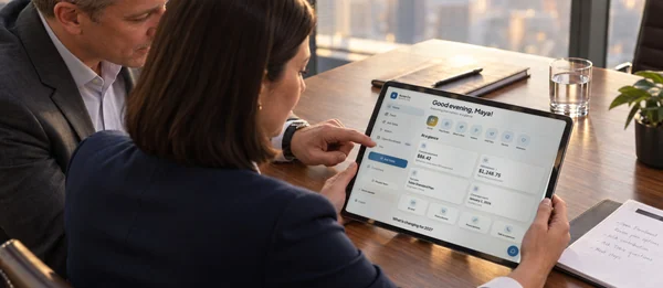 A benefits broker and an HR director reviewing the benefits hub on a tablet in a meeting room