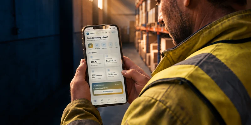 A warehouse associate on a break, reading the benefits hub on his phone