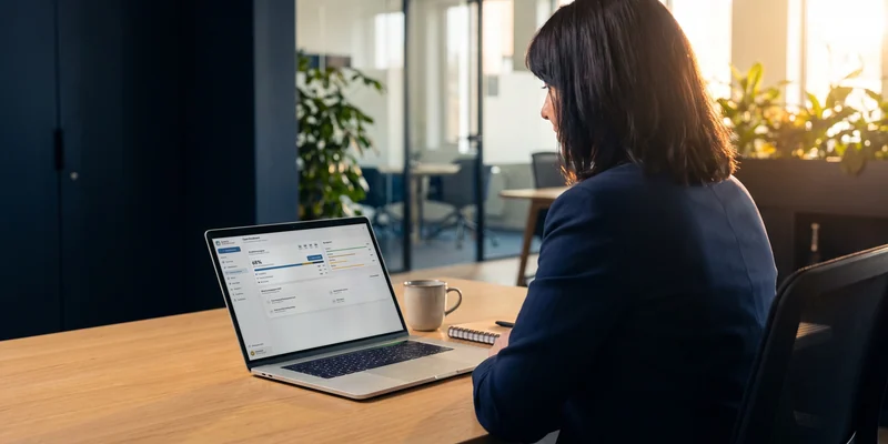 An HR manager at her desk in an open-plan office, the HR console open on her laptop