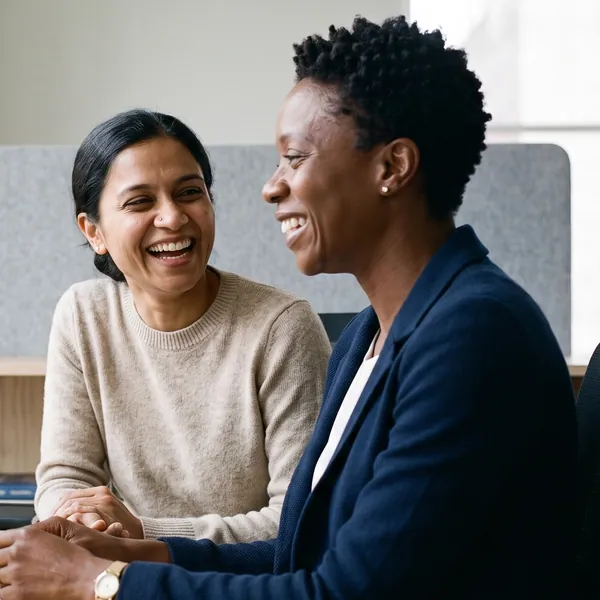 Two colleagues on a People team laughing together at a desk