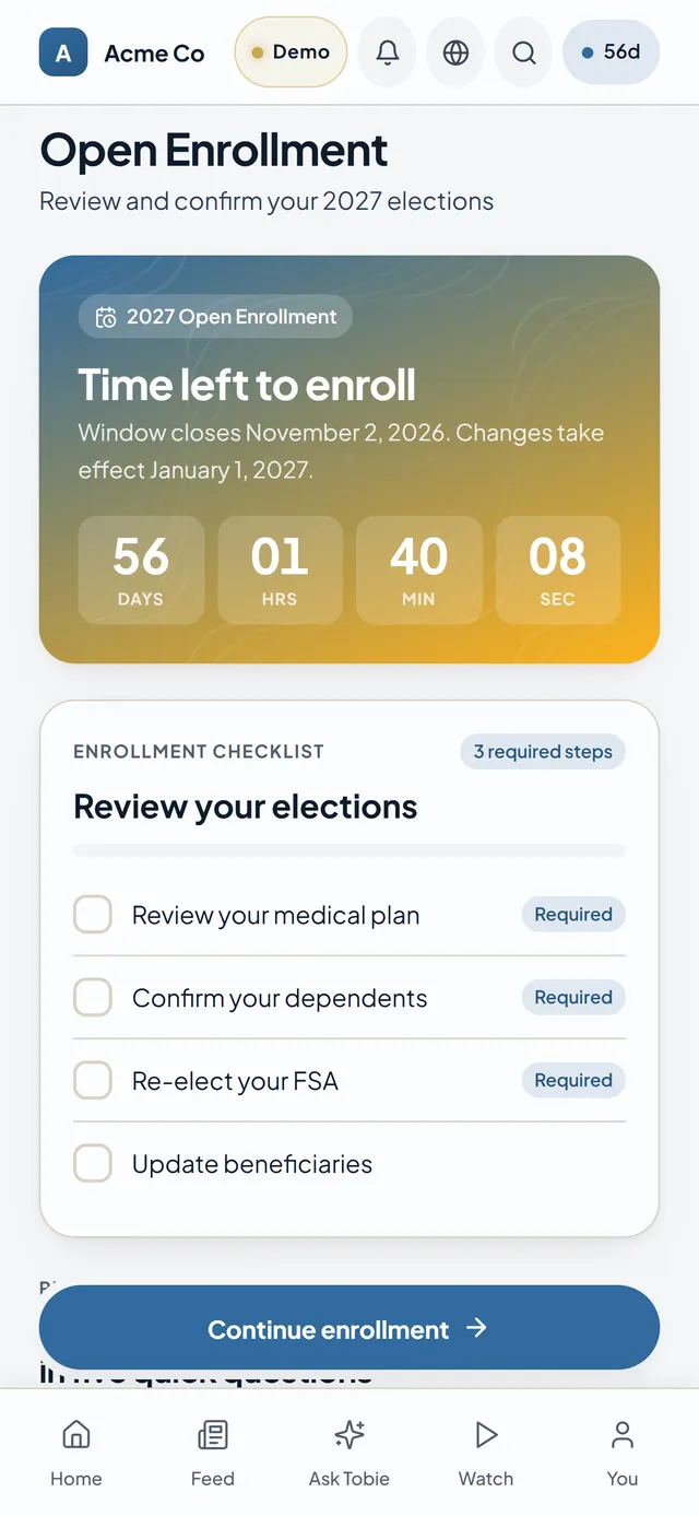 Open Enrollment in the employee hub: the time left to enroll, and a checklist of the steps each employee needs to complete