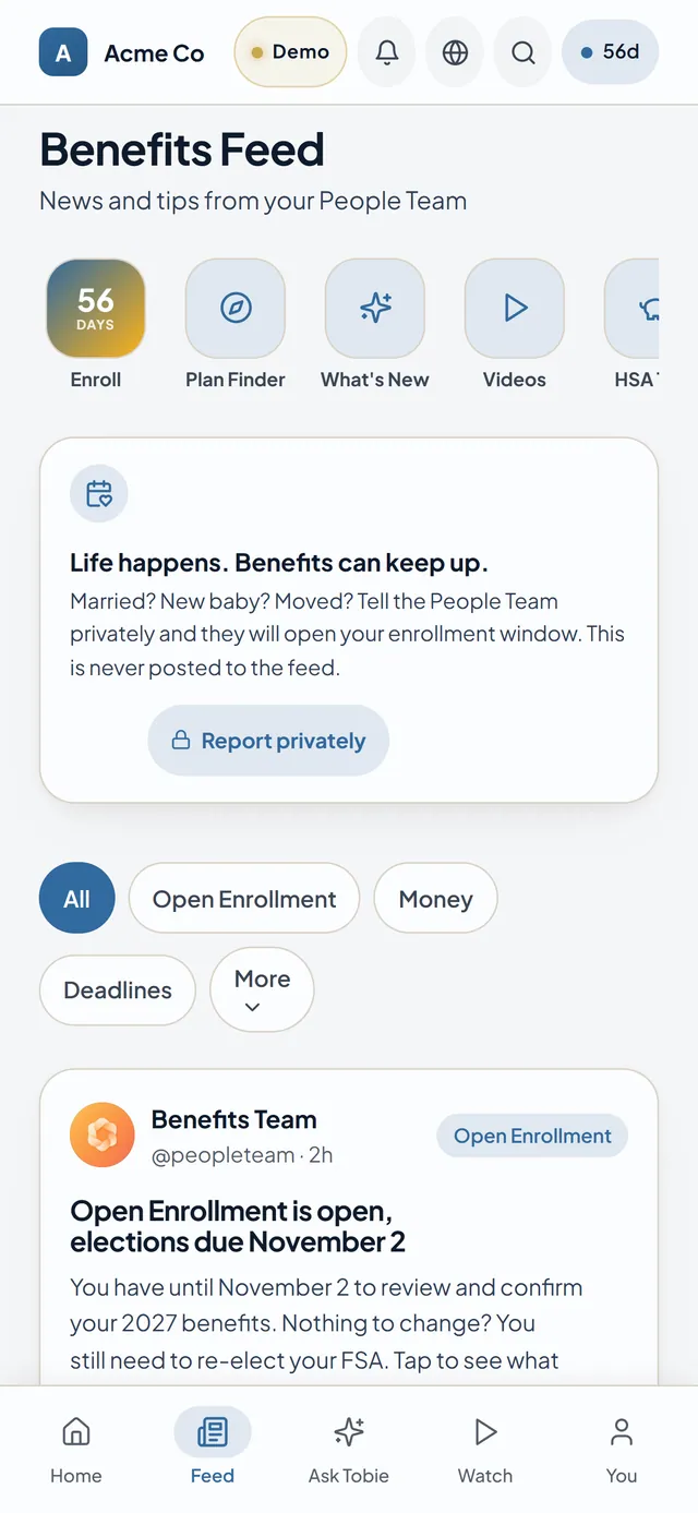 The benefits feed on a phone: HR-approved updates, deadlines, and reminders