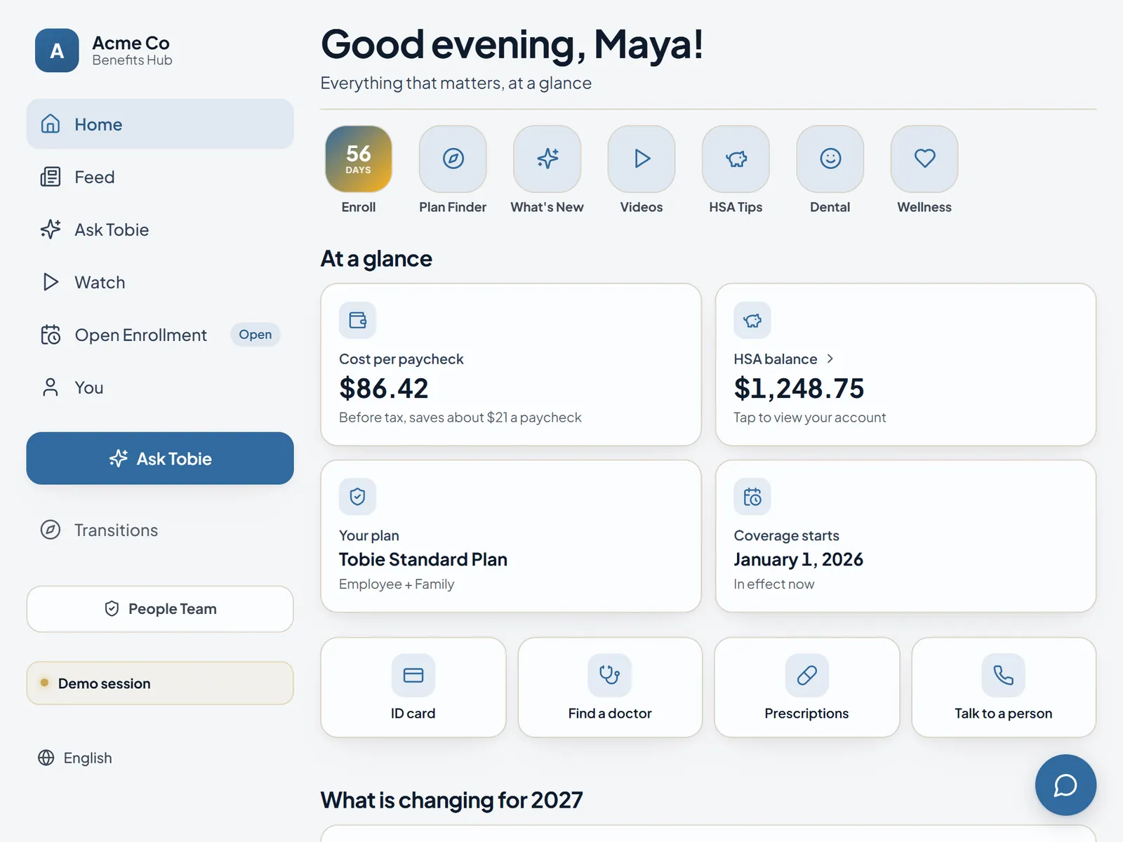 The employee benefits hub in a browser: the sidebar, the greeting, quick links, and at-a-glance cards
