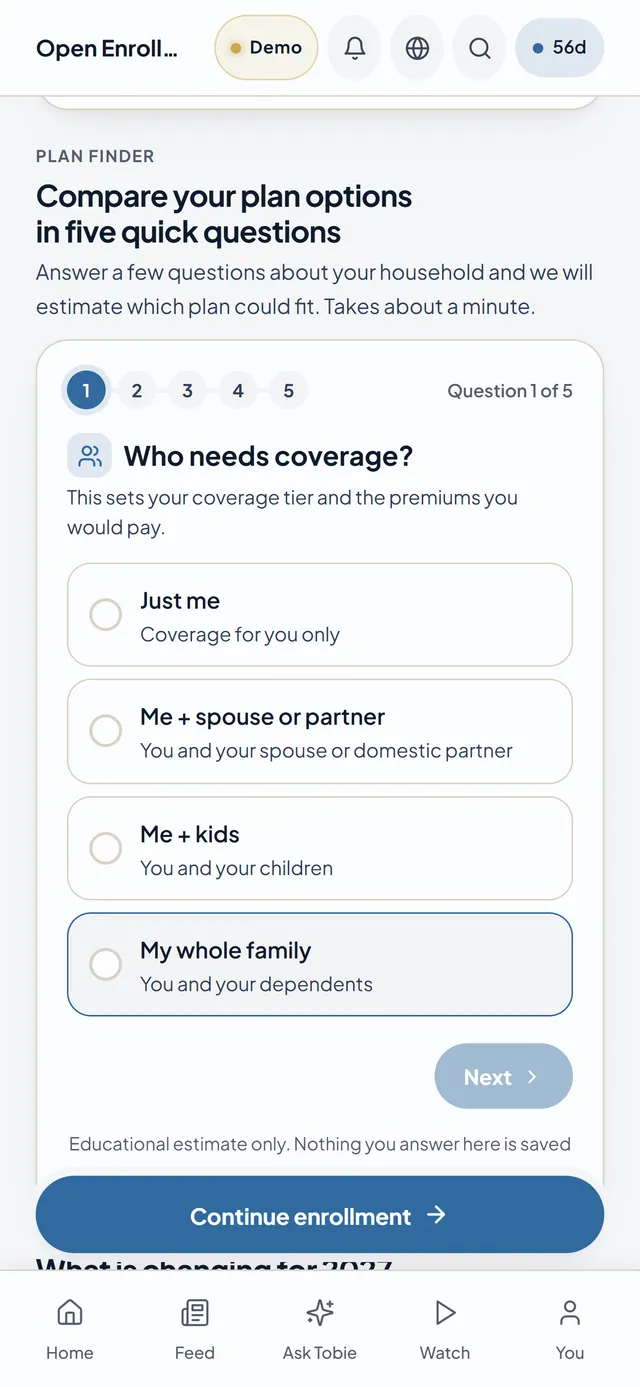 Plan Finder in the employee hub, question 1 of 5: who needs coverage, with four answers from just me to my whole family