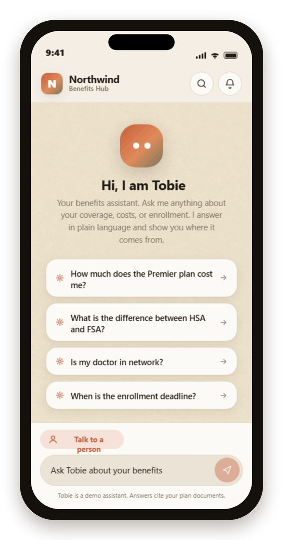 The Tobie assistant on a phone, greeting an employee with suggested benefits questions